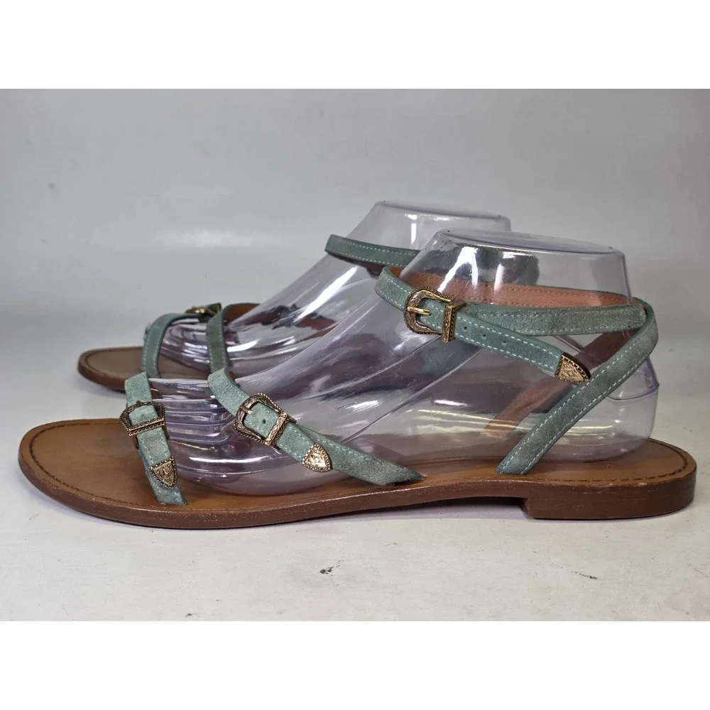 Sezane Les Souliers Sandals Women's Size 10 Teal Green Suede Strappy Shoes Italy